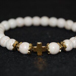 Cross Bracelet,White Howlite Bracelet,Golden Cross Bracelet,White Bracelet